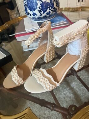 INC International Concepts Pearl-Embellished Cream Block Heel Sandals